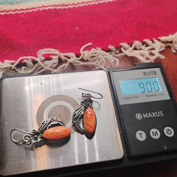 Southwest Sterling Silver Orange Spiny Oyster Dangle Earrings Flower Feather - Picture 5 of 5